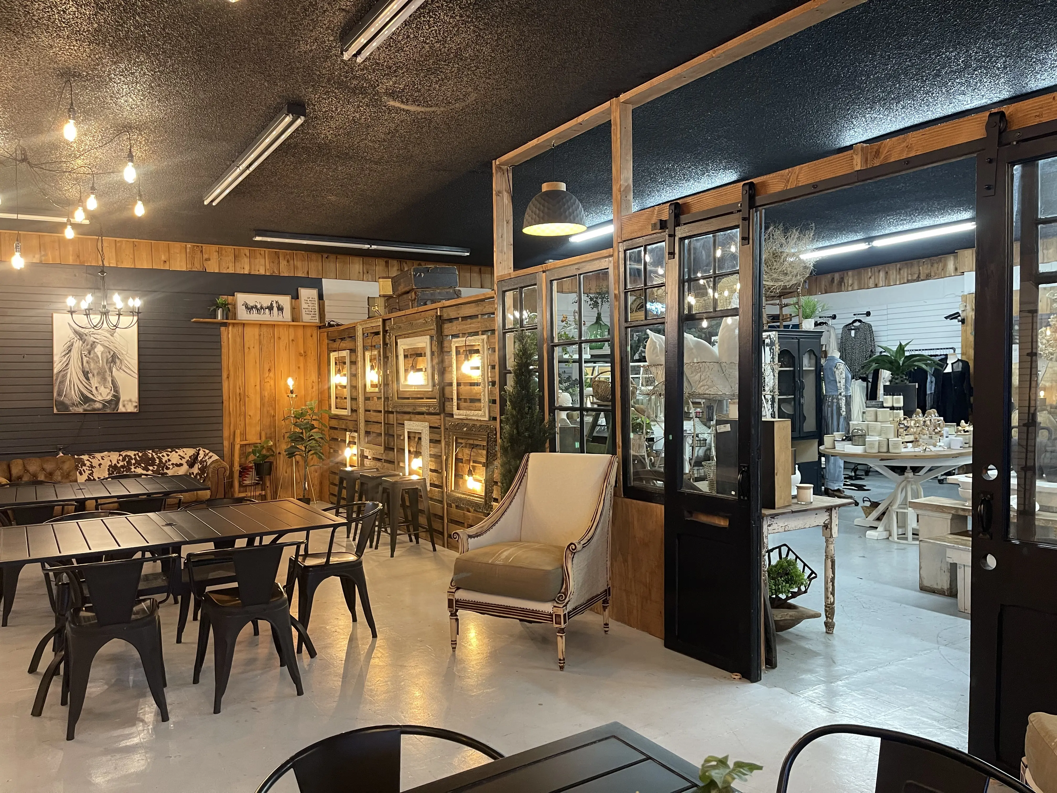 Glass barn doors opening into the market